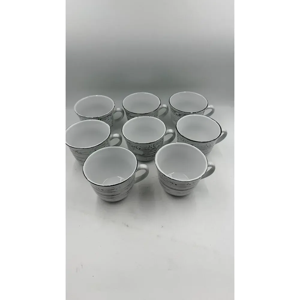 Lot of 8 Pfaltzgraff White TRELLIS w Brown Rustic Stripes Ceramic Coffee Mugs